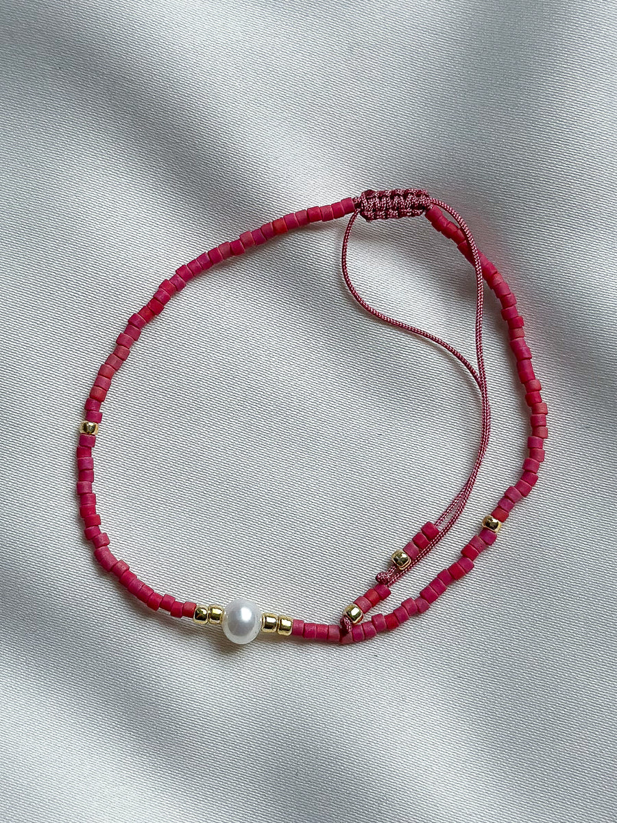 Schuif armbandje miyuki kraaltjes en pareltje - koraal